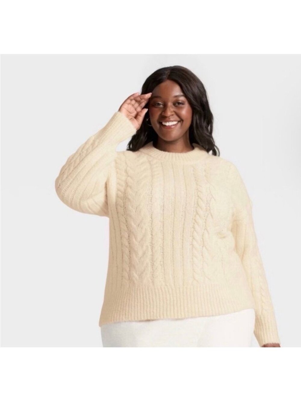 Women's Round Neck Cable Knit Pullover Sweater - A New Day™ Cream 3X